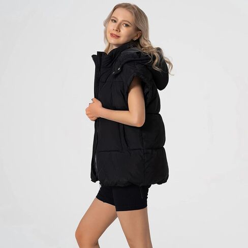 Shiyifa Womens Oversized Puffer Vest Sleeveless Lightweight Zip Up Padded Gilet Warm Coat Outwear with Detachable Hood in Kuwait