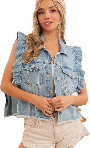 utcoco Women's Casual Button Down Denim Vest Oversized Ruffle Sleeveless Raw Hem Jean Jackets Tops with Pockets in Saudi Arabia