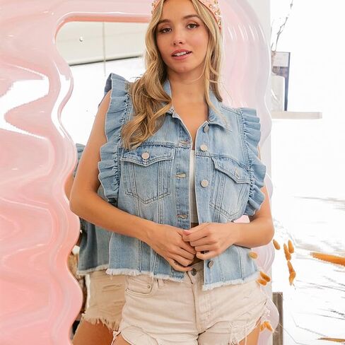 utcoco Women's Casual Button Down Denim Vest Oversized Ruffle Sleeveless Raw Hem Jean Jackets Tops with Pockets in Saudi Arabia