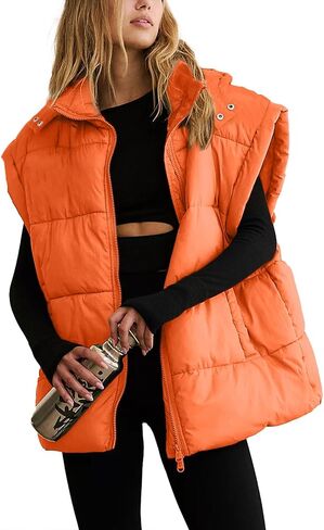 Shiyifa Womens Oversized Puffer Vest Sleeveless Lightweight Zip Up Padded Gilet Warm Coat Outwear with Detachable Hood in Kuwait