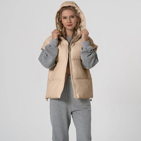 شيفا نساء سترة منتفخة كبيرة الحجم بلا أكمام خفيفة الوزن Zip Up مبطنة معطف الدفء معطف مع غطاء قابلة للفصل in Kuwait