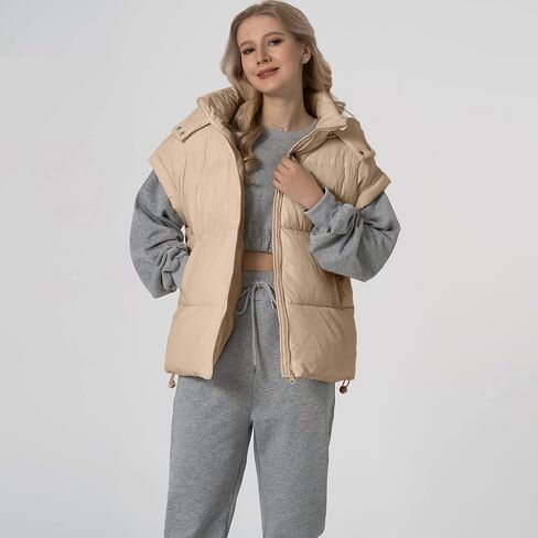 شيفا نساء سترة منتفخة كبيرة الحجم بلا أكمام خفيفة الوزن Zip Up مبطنة معطف الدفء معطف مع غطاء قابلة للفصل in Kuwait