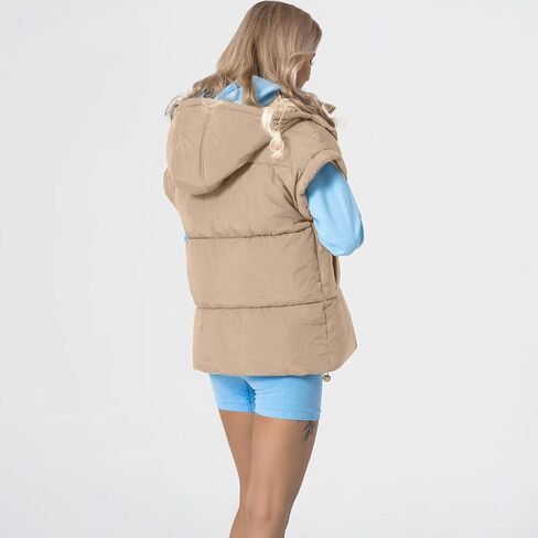 شيفا نساء سترة منتفخة كبيرة الحجم بلا أكمام خفيفة الوزن Zip Up مبطنة معطف الدفء معطف مع غطاء قابلة للفصل in Kuwait