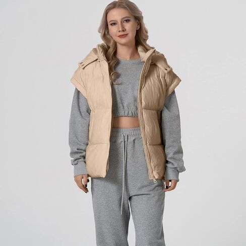 شيفا نساء سترة منتفخة كبيرة الحجم بلا أكمام خفيفة الوزن Zip Up مبطنة معطف الدفء معطف مع غطاء قابلة للفصل in Kuwait