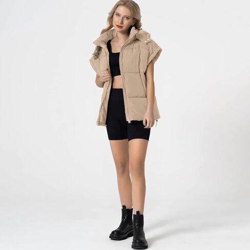 شيفا نساء سترة منتفخة كبيرة الحجم بلا أكمام خفيفة الوزن Zip Up مبطنة معطف الدفء معطف مع غطاء قابلة للفصل in Kuwait