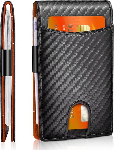 Define Essentials Carbon Fiber Minimalist Slim Bifold Wallet for Men - RFID Blocking, Money Clip, Genuine Leather - Stylish, Secure, and Functional (Color: Carbon Black&Orange) in Saudi Arabia