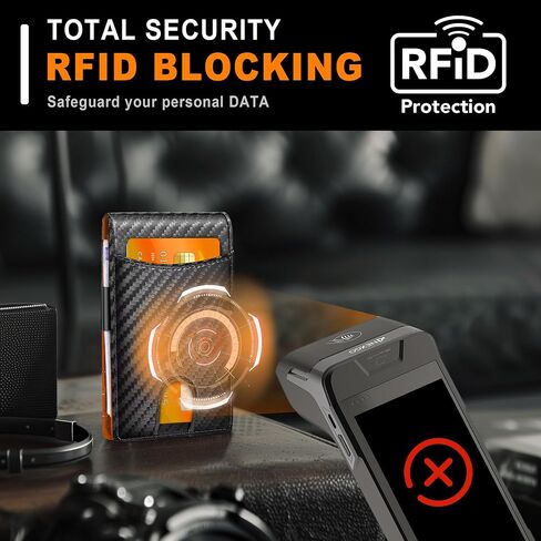 Define Essentials Carbon Fiber Minimalist Slim Bifold Wallet for Men - RFID Blocking, Money Clip, Genuine Leather - Stylish, Secure, and Functional (Color: Carbon Black&Orange) in Saudi Arabia