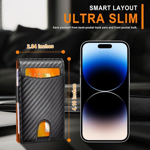 Define Essentials Carbon Fiber Minimalist Slim Bifold Wallet for Men - RFID Blocking, Money Clip, Genuine Leather - Stylish, Secure, and Functional (Color: Carbon Black&Orange) in Saudi Arabia