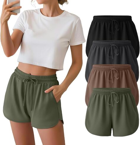 Neer 4 Pack Women's Sweat Shorts, Casual Athletic Workout Shorts with Pockets Drawstring Summer Lounge Bottoms in Kuwait