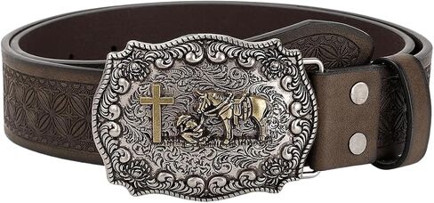 Women's Retro Vintage Horse Metal Buckle Belt Faux Leather Floral Western Waist Belts in Saudi Arabia