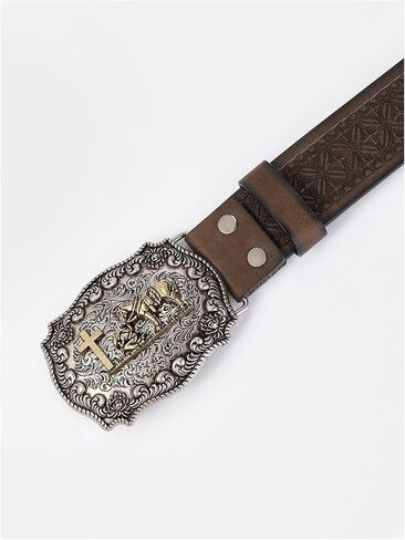 Women's Retro Vintage Horse Metal Buckle Belt Faux Leather Floral Western Waist Belts in Saudi Arabia