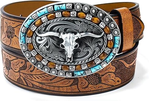 Women's Retro Vintage Horse Metal Buckle Belt Faux Leather Floral Western Waist Belts in Saudi Arabia