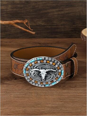 Women's Retro Vintage Horse Metal Buckle Belt Faux Leather Floral Western Waist Belts in Saudi Arabia