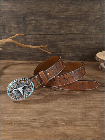 Women's Retro Vintage Horse Metal Buckle Belt Faux Leather Floral Western Waist Belts in Saudi Arabia