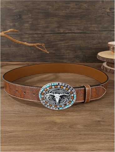 Women's Retro Vintage Horse Metal Buckle Belt Faux Leather Floral Western Waist Belts in Saudi Arabia