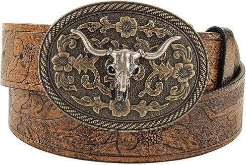 Women's Retro Vintage Horse Metal Buckle Belt Faux Leather Floral Western Waist Belts in Saudi Arabia