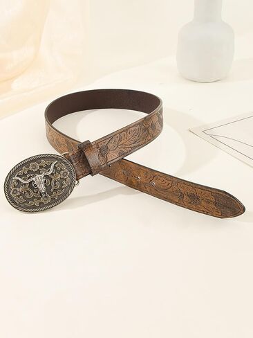 Women's Retro Vintage Horse Metal Buckle Belt Faux Leather Floral Western Waist Belts in Saudi Arabia