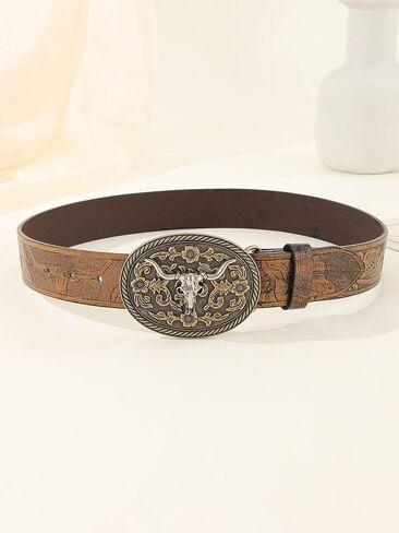 Women's Retro Vintage Horse Metal Buckle Belt Faux Leather Floral Western Waist Belts in Saudi Arabia