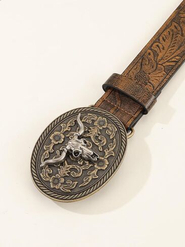 Women's Retro Vintage Horse Metal Buckle Belt Faux Leather Floral Western Waist Belts in Saudi Arabia
