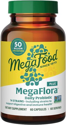Megafood Megaflora Probiotic Plus - بروبيوتيك للنساء صحة الجهاز الهضمي - البروبيوتيك للرجال - 50 مليار وحدات CFU و 14 سلالة - ملحق دعم المناعة - نباتي - 60 كبسولة ، 60 حصص in Kuwait