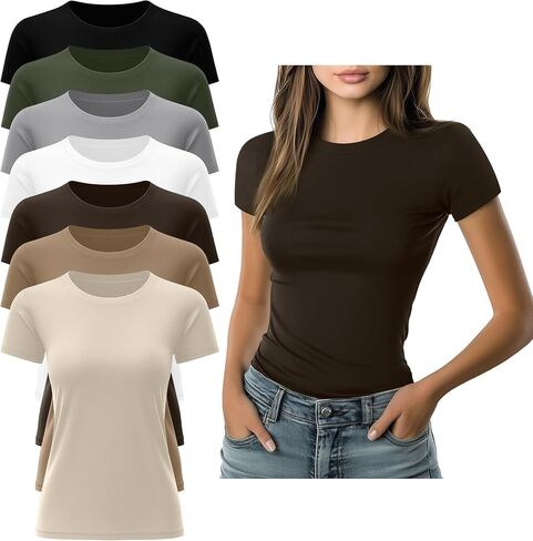 7 Pack Women's Fitted Basic T-Shirts Bulk Crewneck Tight Cotton Short Sleeve Tee Multipack Slim Summer Casual Tops in Saudi Arabia