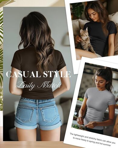 7 Pack Women's Fitted Basic T-Shirts Bulk Crewneck Tight Cotton Short Sleeve Tee Multipack Slim Summer Casual Tops in Saudi Arabia