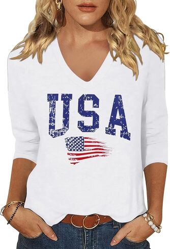 Womens 3/4 V Neck Sleeve American Flag Shirts 4th of July Summer Shirts Graphic Tops in Kuwait