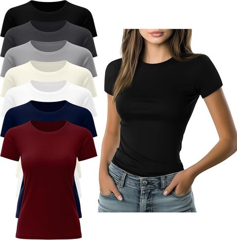 7 Pack Women's Fitted Basic T-Shirts Bulk Crewneck Tight Cotton Short Sleeve Tee Multipack Slim Summer Casual Tops in Saudi Arabia