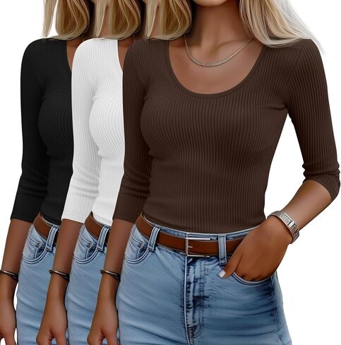 3 Pack Women's 3/4 Sleeve T Shirts Basic Scoop Neck Ribbed Knit Slim Fit Tops 2025 Summer Casual Tight Tees in Saudi Arabia