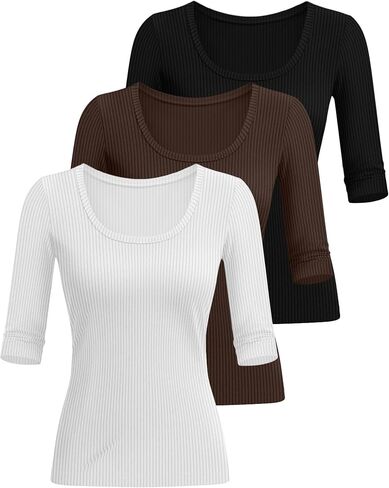 3 Pack Women's 3/4 Sleeve T Shirts Basic Scoop Neck Ribbed Knit Slim Fit Tops 2025 Summer Casual Tight Tees in Saudi Arabia