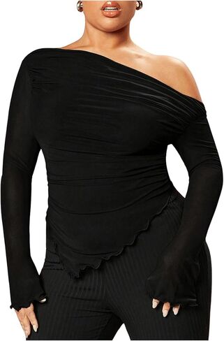 WDIRARA Women's Plus Size Off Shoulder Mesh Ruched Asymmetrical Long Sleeve Knitted Tops T Shirt in Kuwait