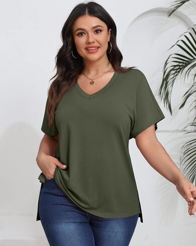 Ficerd 3 Pack Plus Size V Neck T-Shirts for Women, Short Sleeve Split Side High Low Hem Tunics Tops Basic Summer Tee Blouses in Saudi Arabia