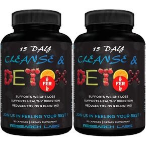 Research Labs 15 Day Colon Cleanse & Detox for Less Bloat Flat Tummy w/Probiotics - 2 Fer 1 - Constipation Relief - Flushes Toxins, Boosts Energy. Clinically Researched Safe and Effective Formula