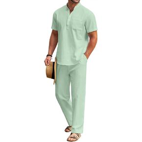 COOFANDY Men's 2 Pieces Cotton Linen Set Casual Short Sleeve Henley Shirts Beach Yoga Pants Summer Outfits