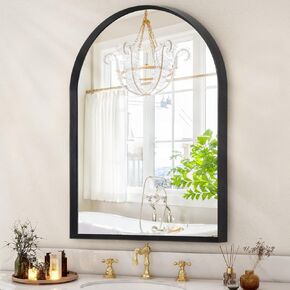 Black Arched Mirror, Modern Bathroom Wall Mirror Aluminum Alloy Framed Mirror Brushed Metal Vanity Wall Mounted Mirror for Livingroom Bedroom Entryway Room 16"x12"