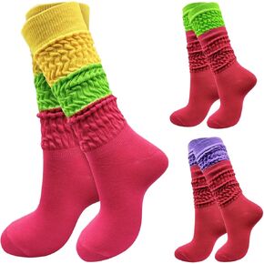 3 Pairs Neon Slouch Socks for women, 80s 90s Scrunch Sock, Extra Long Slouchy Knee High Boot(Contrast)