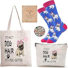 Pug Gifts for Women, 5PCS Gift Set for Dog Lovers – Includes Tote Bag, Make Up Bag,Socks and 50 Pug Stickers, Ideal for Dog Moms and Pet Lovers