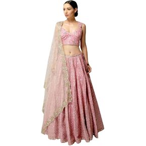 TRENDMALLS Women's Satin Embroidery Lehenga Choli with Dupatta (L259-Pink-Semi-Stitch)