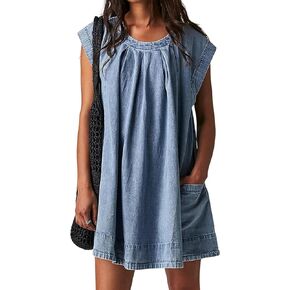 Bankeng Womens Denim Dress Summer Cap Cap Cap Sleeve DeniM Mini Dress Lourd