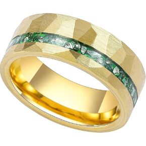 8mm Hammered Tungsten Rings for Men 14K Yellow/White Gold Men's Tungsten Wedding Bands Emerald/Meteorite Chips Inlay Matte Brush Comfort Fit Size 7-14