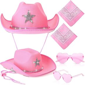 6 Set of Cowgirl Hat and Bandana and Heart Sunglasses for Women Glitter Rhinestone Star Sparkly Western Hats for Men