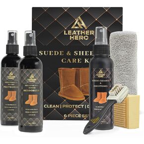 Suede & Nubuck Care Kit – Compatible with UGG Boots – 6-Piece Set: Cleaner & Conditioner, Protector, Deodorizer, Microfiber Cloth, Nubuck Square Brush, 3-Way Brush & Eraser with Carry Case