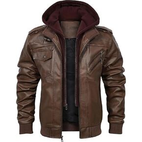 FTIMILD Mens Leather Jacket Leather Motorcycle Jacket with Removable Hood Waterproof Bomber Jackets Multiple Pockets