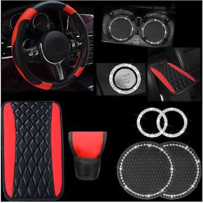 7PCS Car Accessories Set, Carbon Fiber Leather Vehicle Steering Wheel Cover Shift Knob Cover Armrest Cushion Bling Coaster & Starter Ring, Universal Automotive Interior Protector Kit (Red)