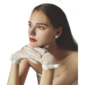 Women's Summer Polka Lace Gloves Short Wrist Bow Semi Sheer Tea Party Prom Cocktail Gloves