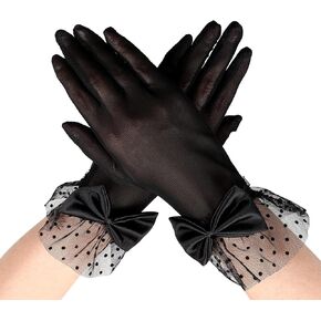 Black Lace Gloves, Women Tea Party Gloves Tulle Short Mesh Glove Elegant Vintage Dress Accessories for Evening Wedding Prom Sun Protection Funeral Dinner Party