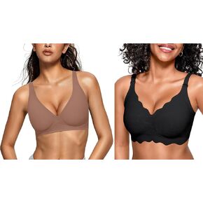OEAK Womens Deep V Bras Comfortable Bras Support Push Up Bralettes Scalloped V Neck Convertible Everyday Bra Coffee+Black M