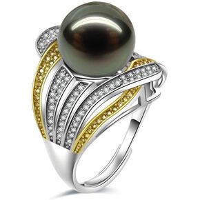 Gift for Wife Tahitian Black-Pearl-Rings-Gifts for Women- Wedding Birthday Anniversary-Mom Her Mothers Day Valentines Christmas-18K Gold Plated Sterling Silver Ring Fine Jewelry