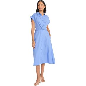 Maggy London Women's Button Down Midi Length Shirt Pockets and Belt-Twist Front Detail-a Line Work Dress