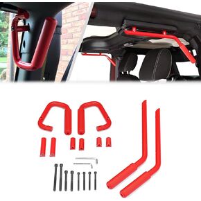 WSays Aluminum Front and Rear Grab Bar Handle Grip Set Compatible with Jeep Wrangler JK 2007-2018, Red